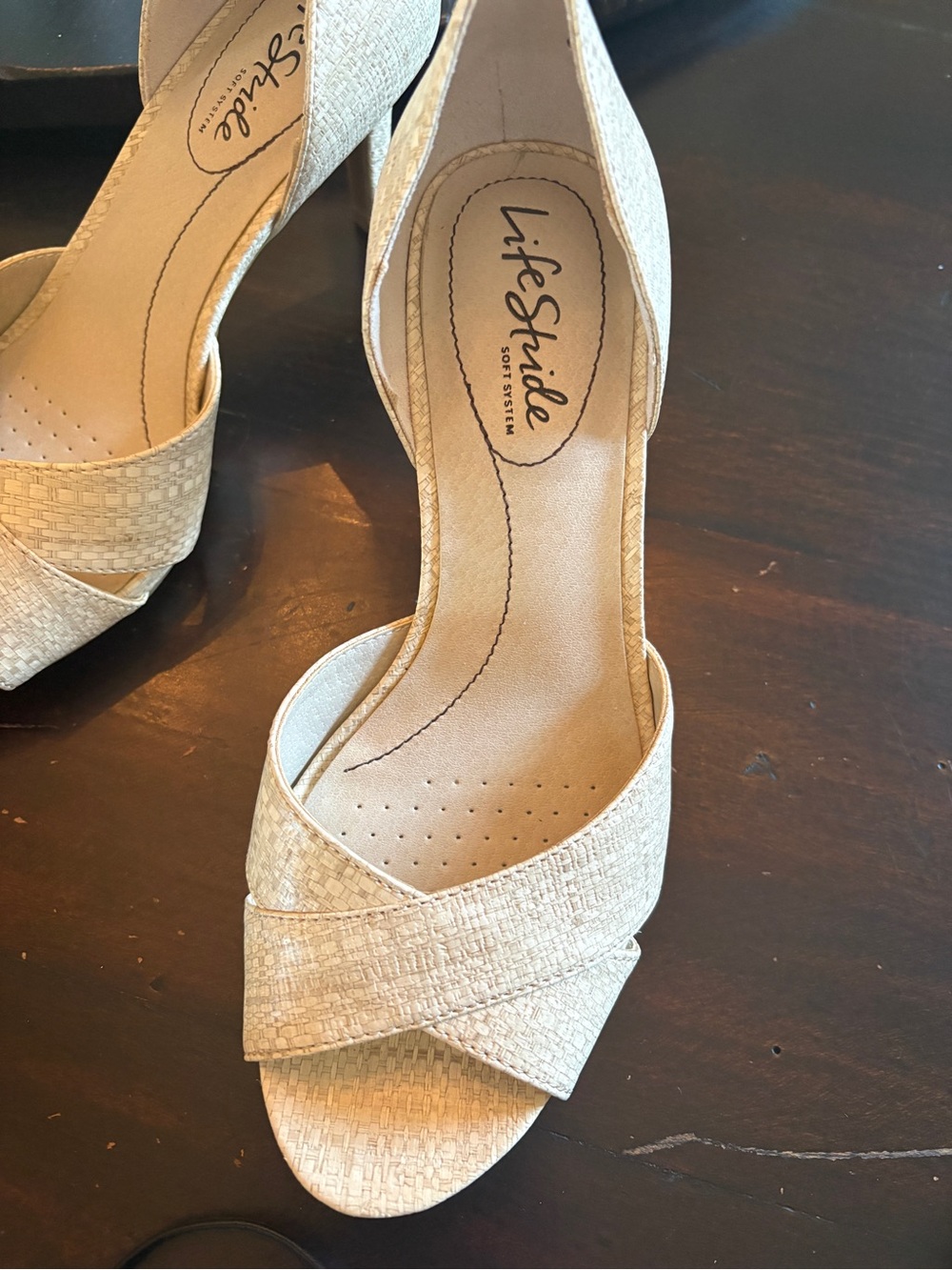 Life Stride Beige Open-Toe D'Orsay Heel with Textured Crisscross Strap